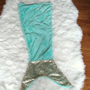 Kids green polyester velvety soft  mermaid tail embellished with gold sequins